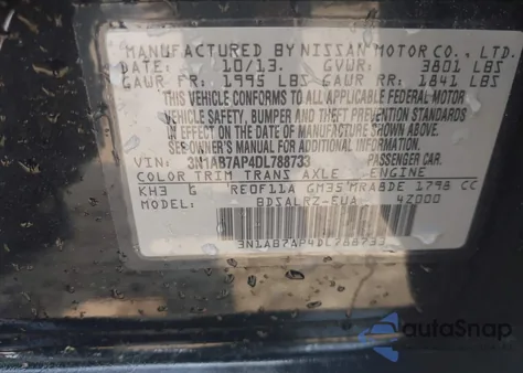 2013 Nissan Sentra Sr from USA, damaged, VIN 3N1AB7AP4DL788733